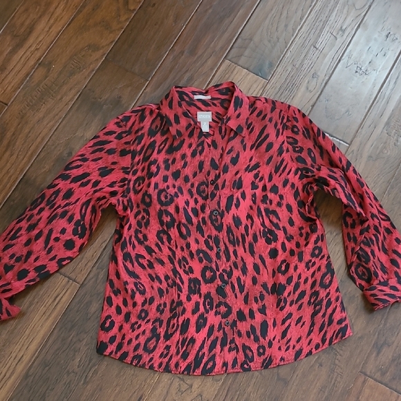Chico's Red & Black Animal Print Button-up Blouse size 2 (Large) - Picture 1 of 8